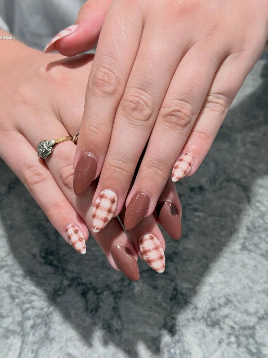 Brown solids with check pattern accents