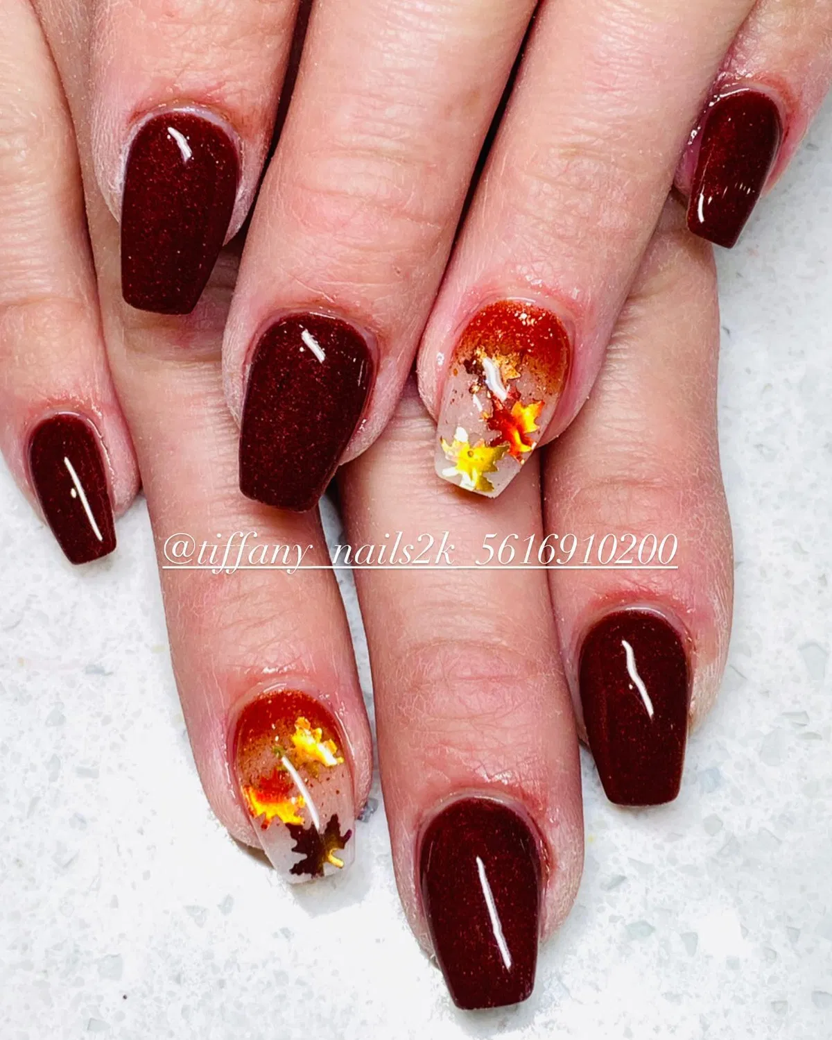 Burgundy glitter with leaf accents