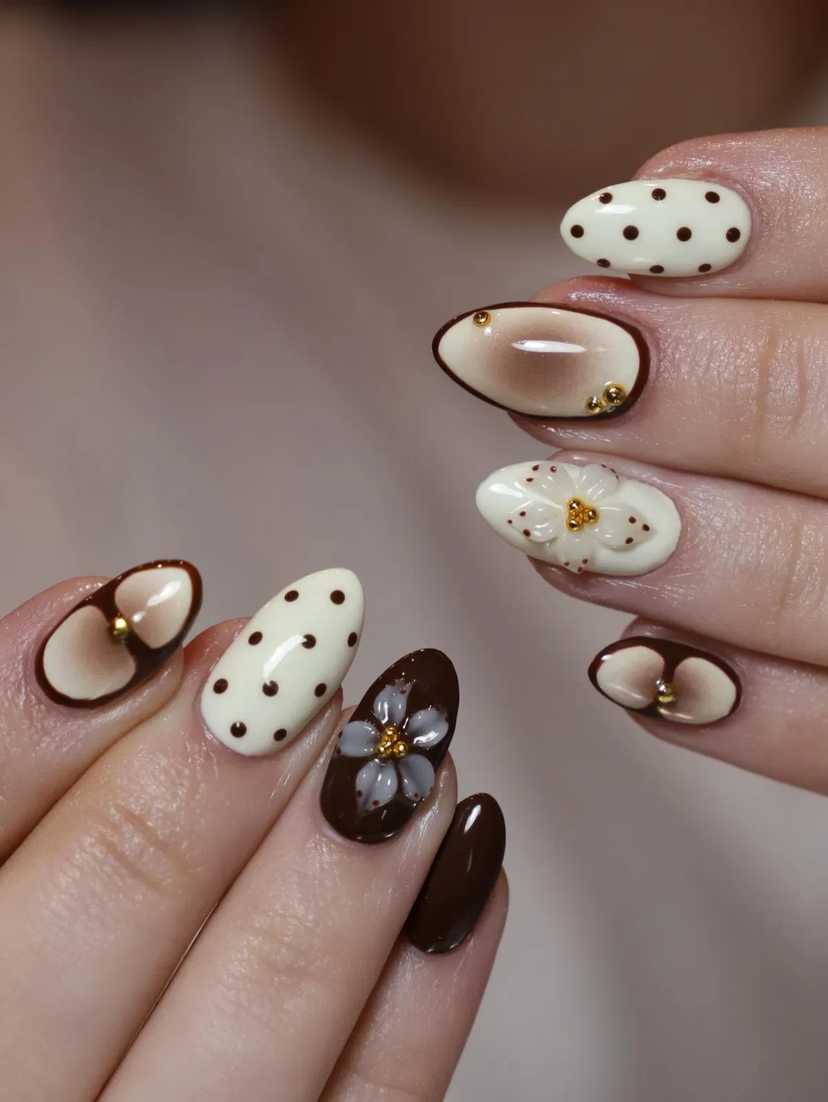 Off-white and Brown Polka Dots with Outlined Frames and 3D Flowers