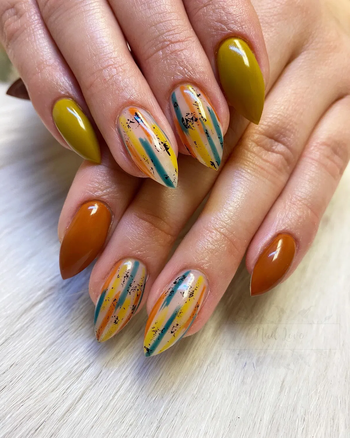 Mustard and brown with multicolor striped accents
