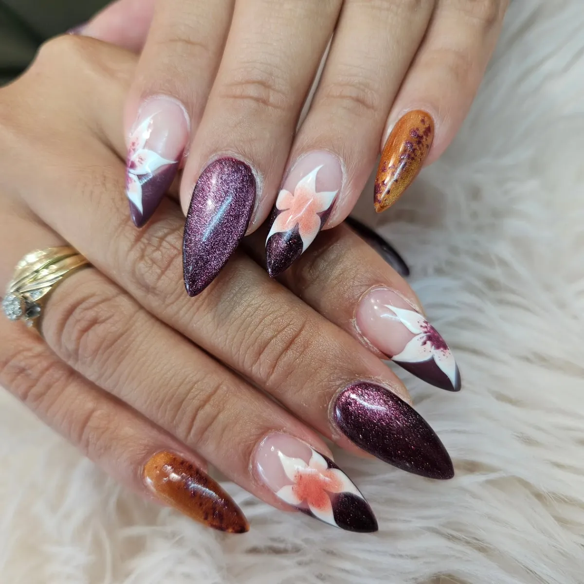 Sparkly deep purple with oversized floral and amber accents