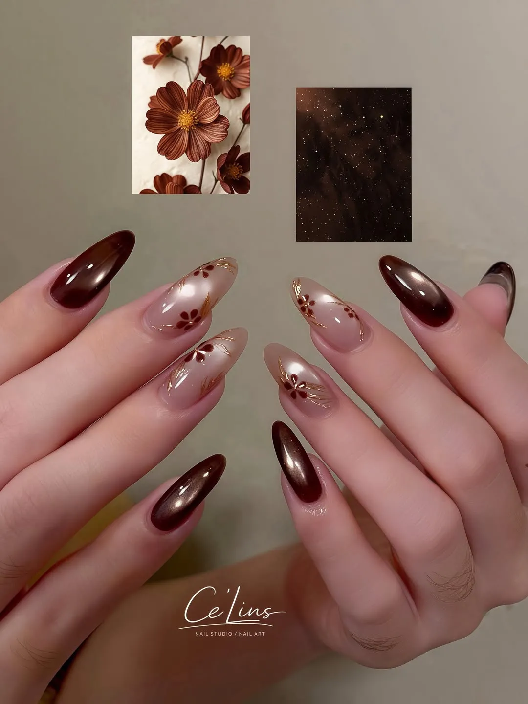 Deep brown shine with nude floral-and-gold accents