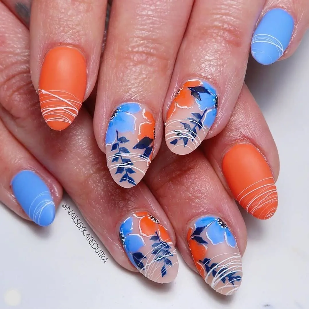 Orange and Blue Abstract Florals with White Linework