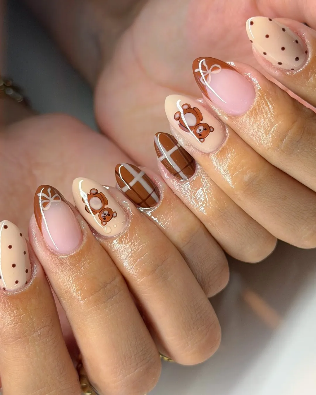 Nude and brown mix with teddy bear art, plaid, and polka dots