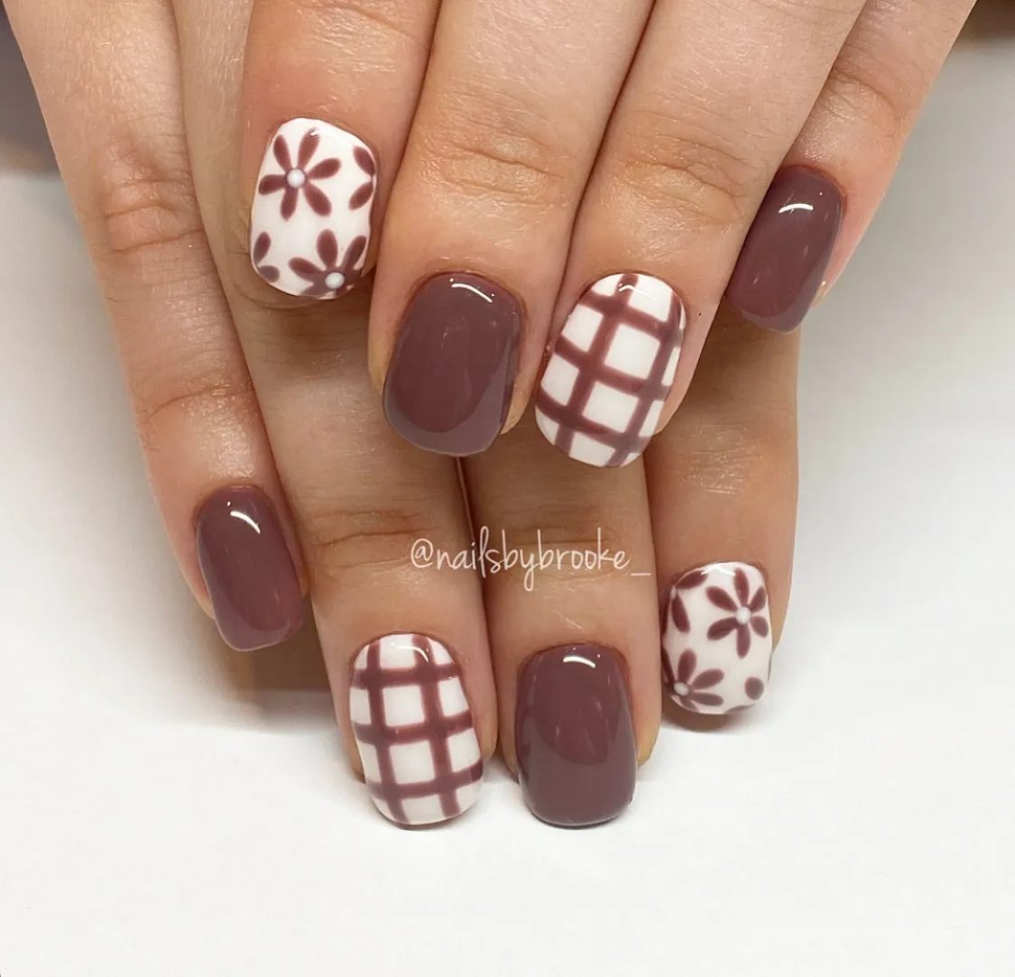 Cocoa-brown solids with white floral and plaid accents