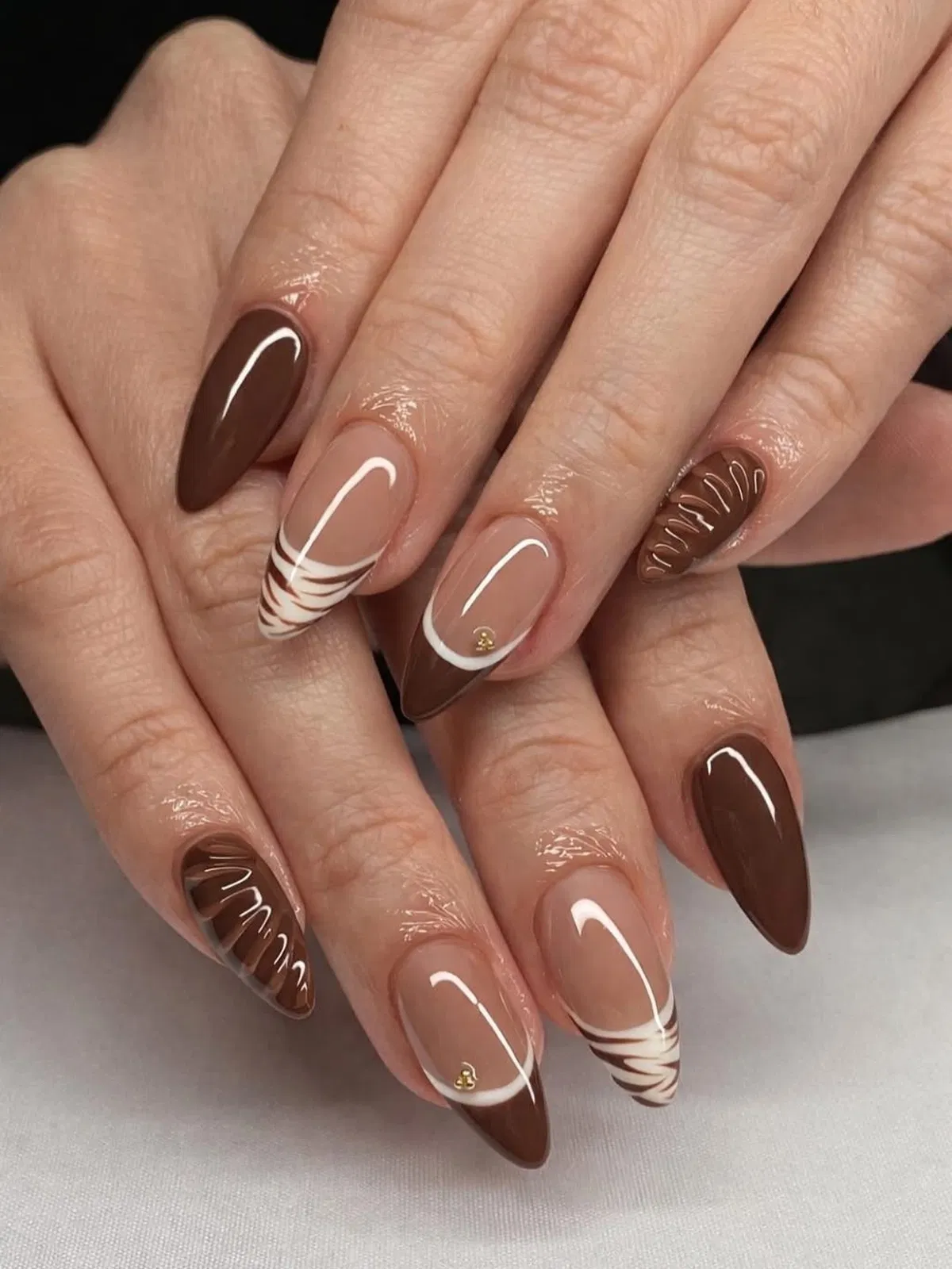 Long almond browns with nude French tips and white curves