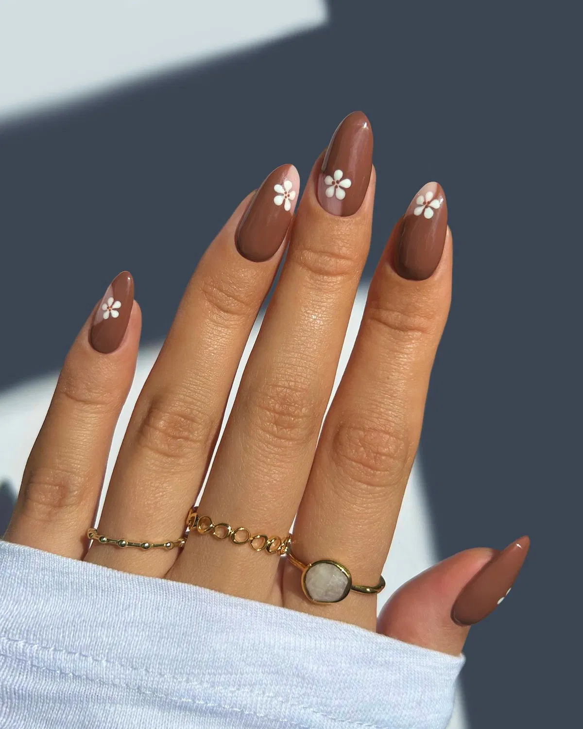 Glossy medium-brown nails with small white flowers