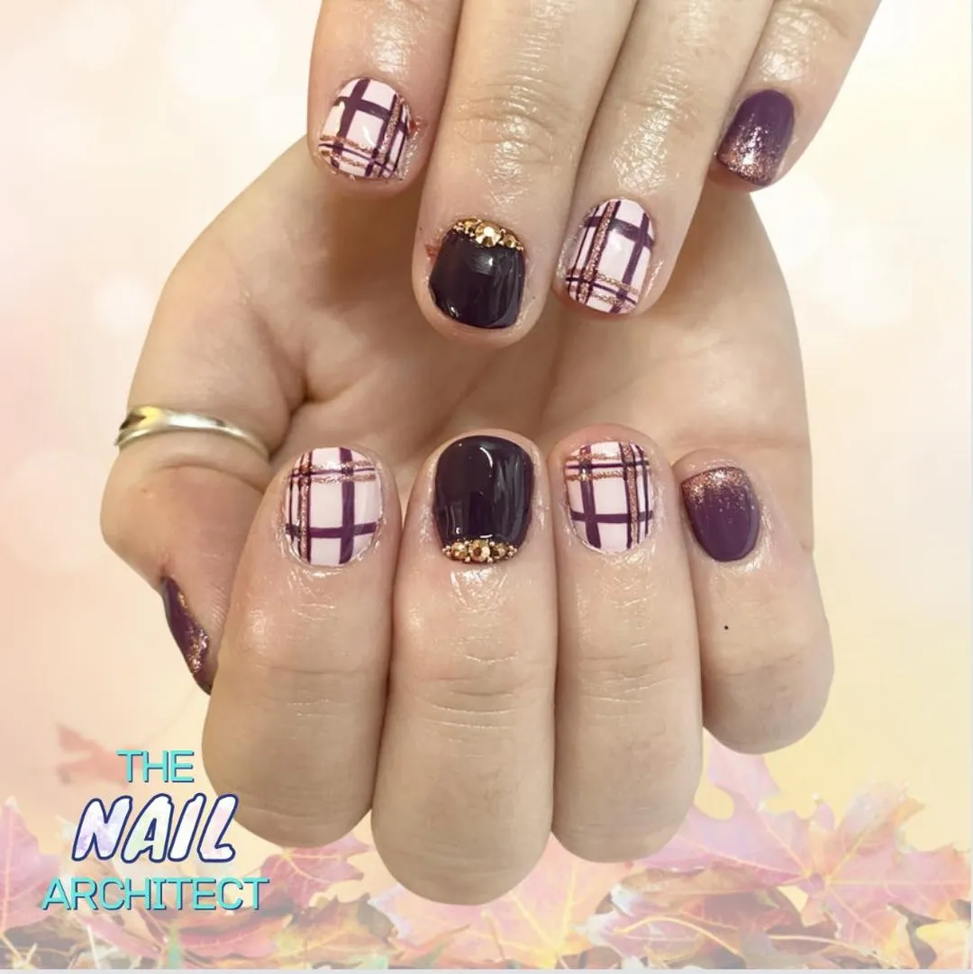 Purple and pink plaid with gold bead cuticle accents