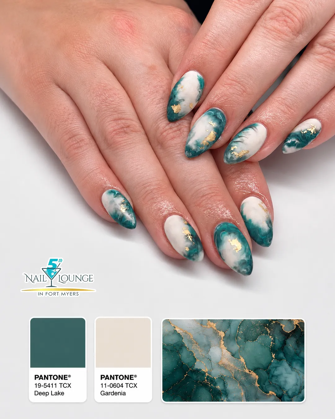Teal-and-white marbled nails with gold flecks