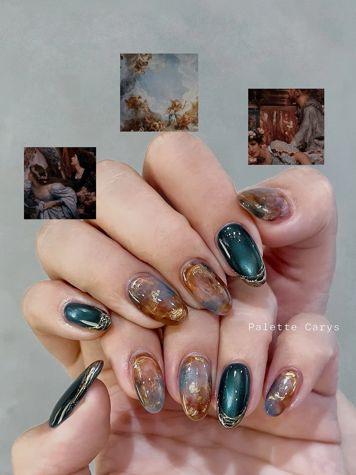 Deep teal and translucent smoky nails with gold flecks