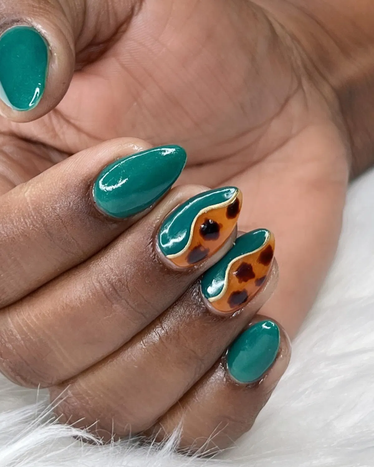 Teal Green with Amber-and-Spot Accents Outlined in Cream