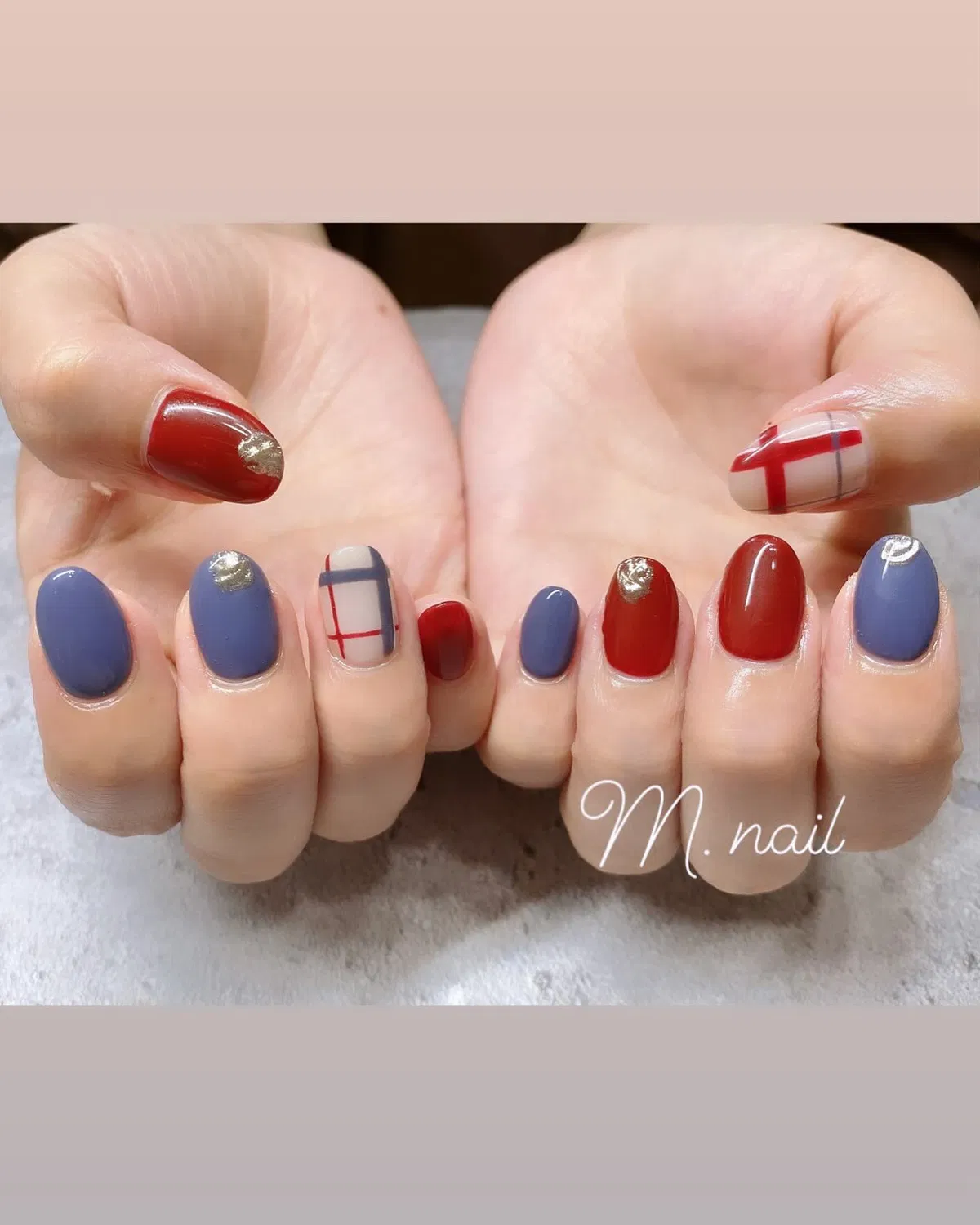 Red and slate-blue solids with simple plaid accents