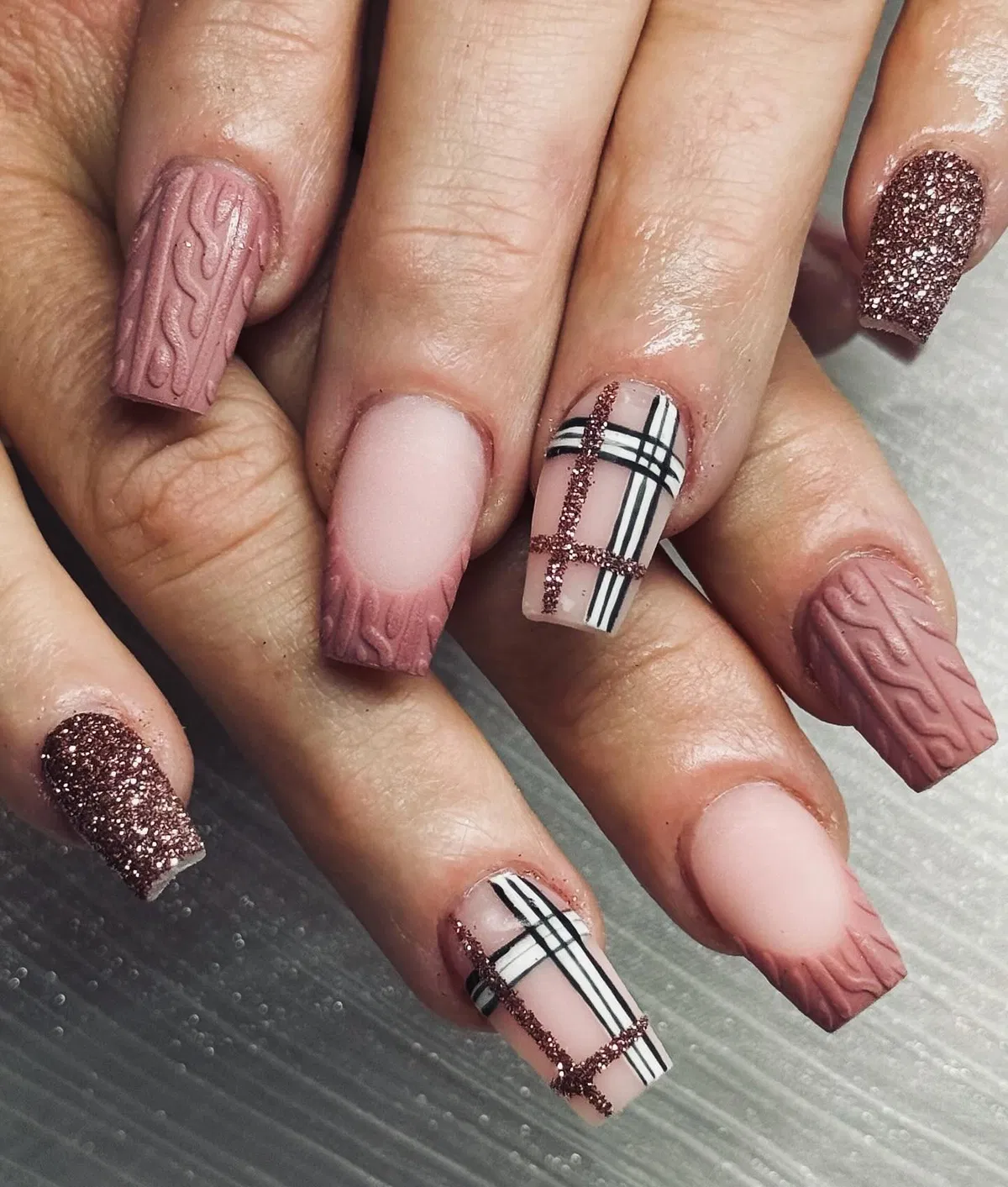 Textured mauve set with black plaid and rose-gold glitter stripes
