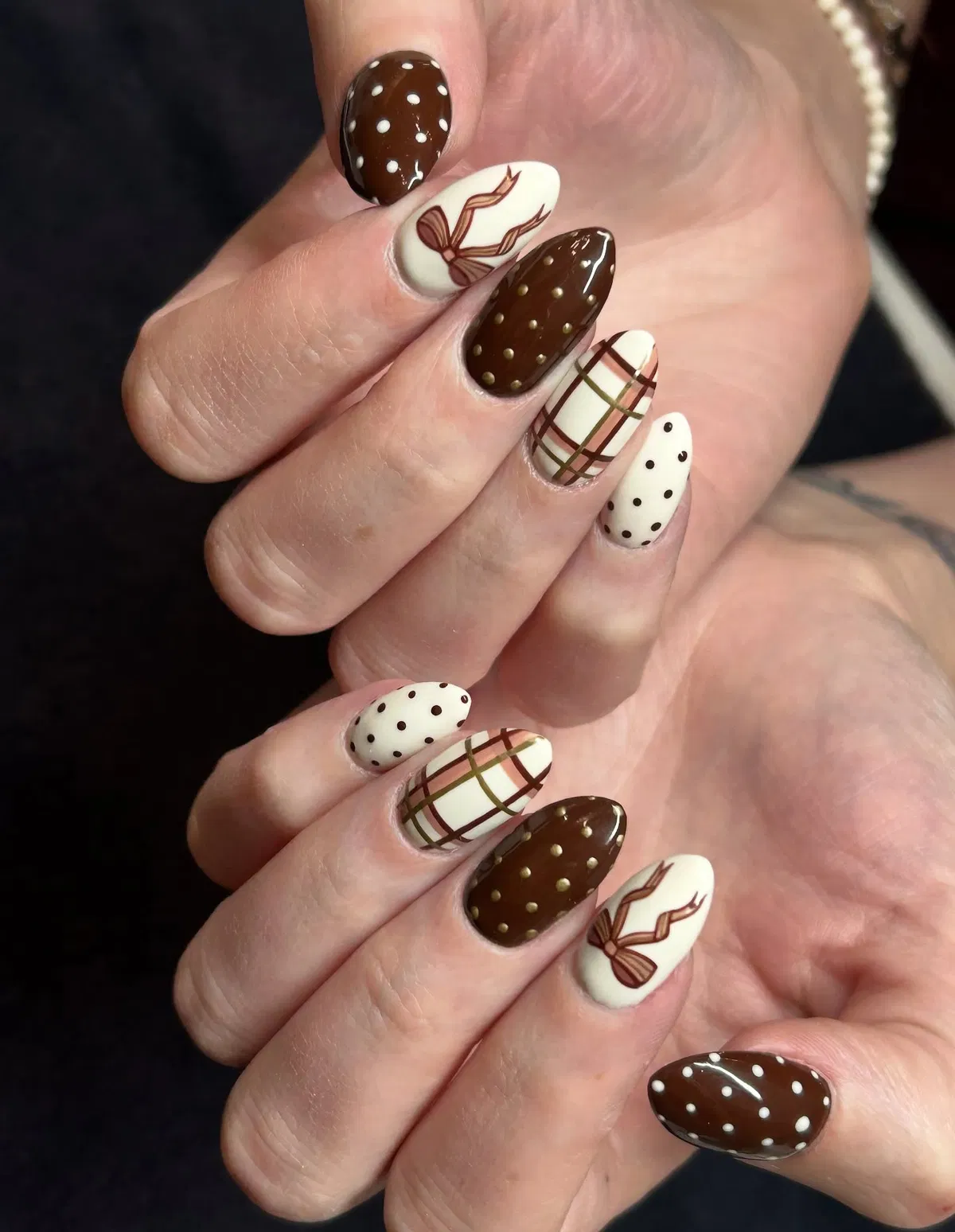 Brown, cream, dots, bow, and plaid mix