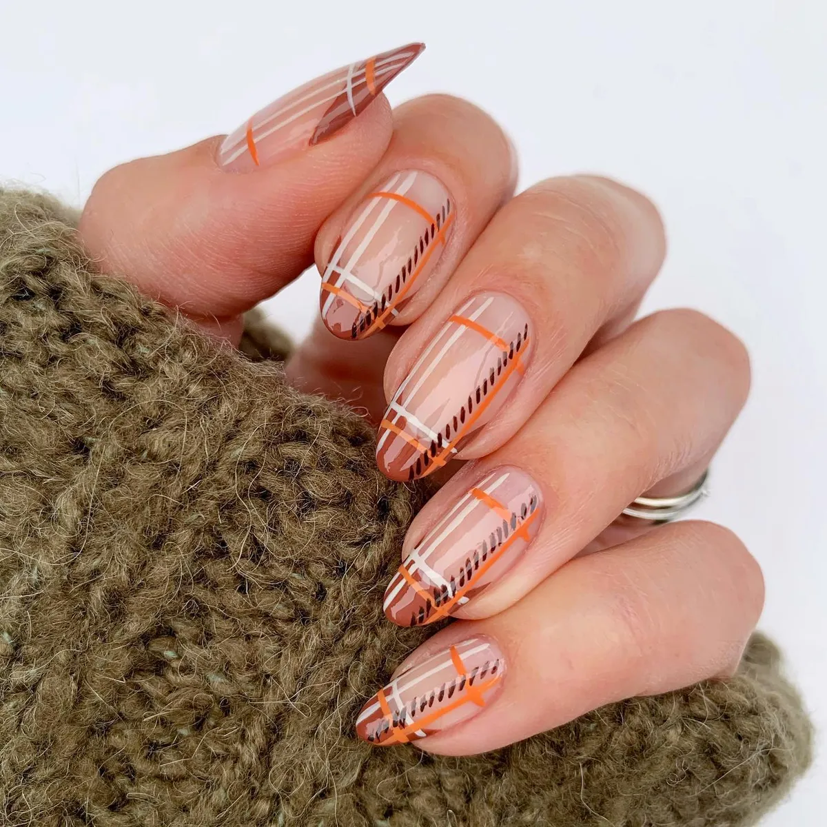 Nude plaid with orange and white striping