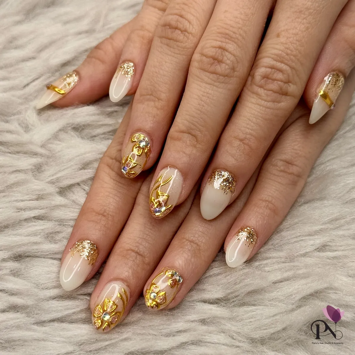 Gold glitter fades with raised gold floral accents
