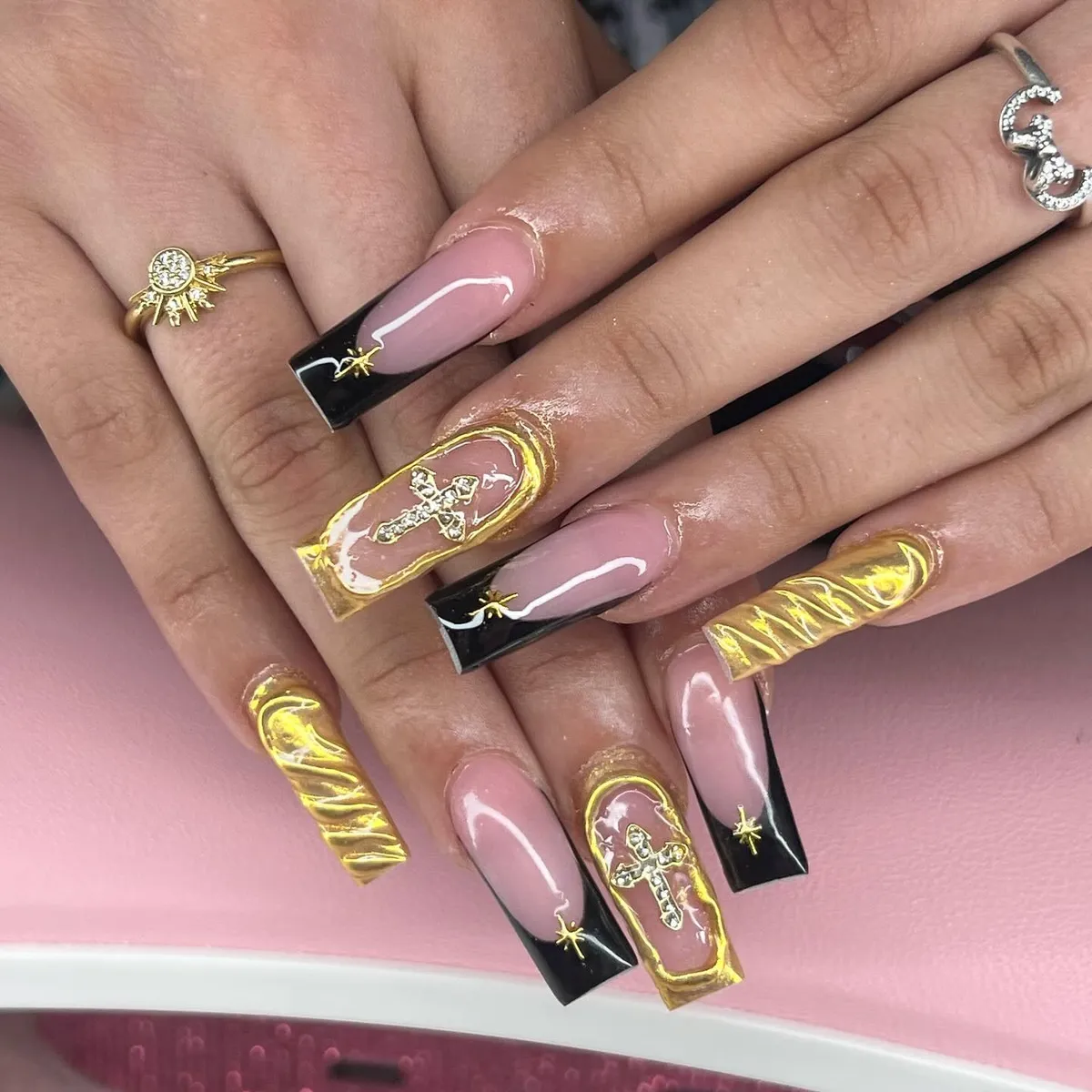 Pink Base with Black Tips and Gold Charm Details