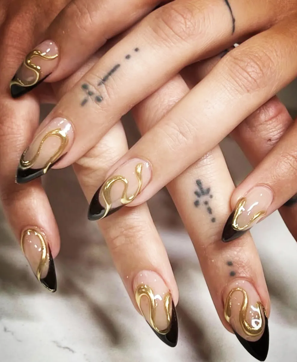 Nude Base with Black Tips and Gold Wave Accents