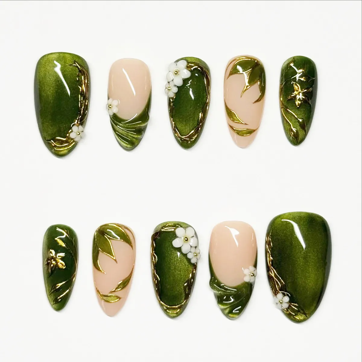 Olive green and nude set with gold outlines and small white flowers