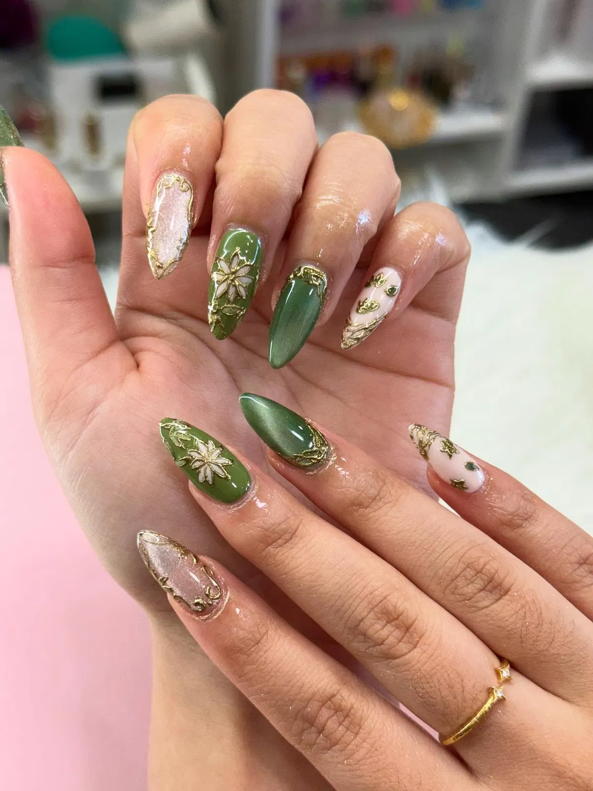 Olive green mix with gold accents and raised floral motifs