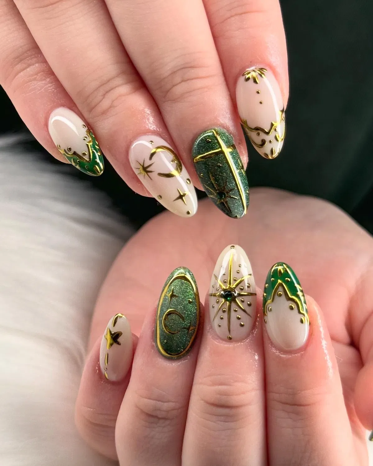 Nude and green glitter set with gold stars, dots, and linework