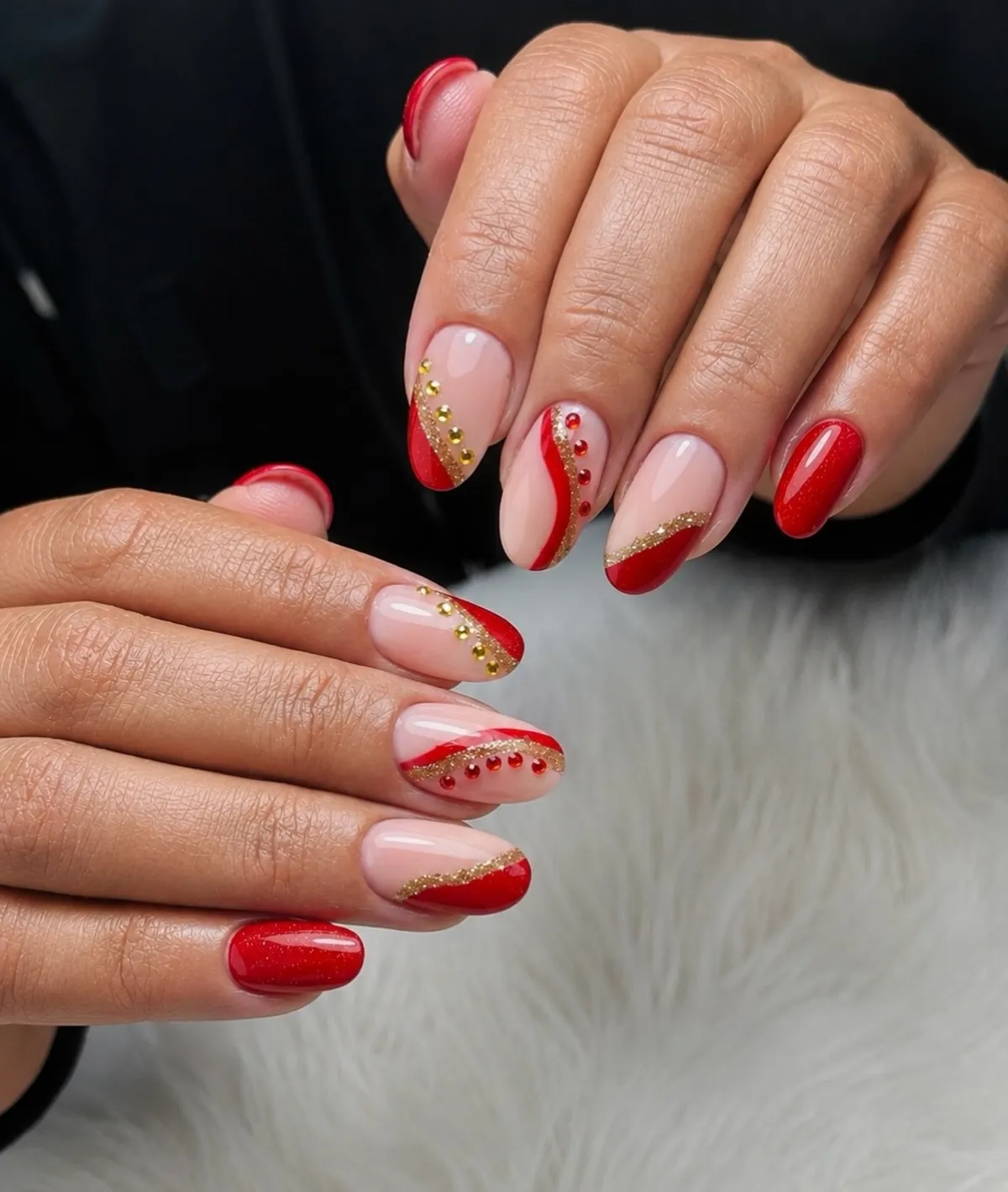 Curved Red Accents with Gold Glitter Bands and Stud Details