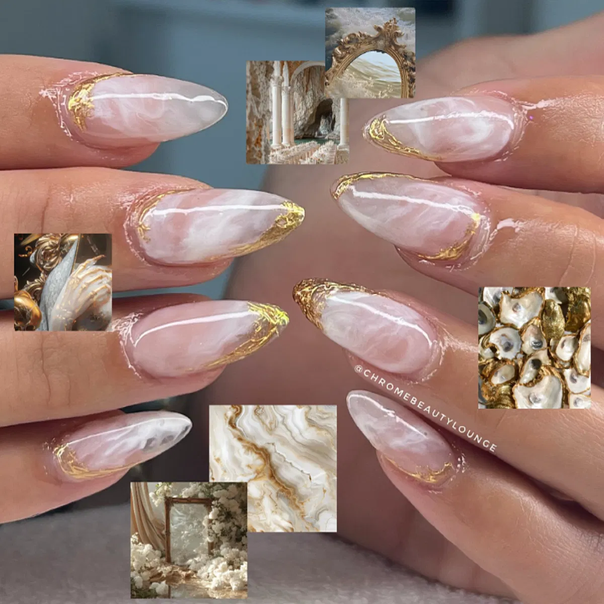 Cloudy white nails with gold edging and collage overlay