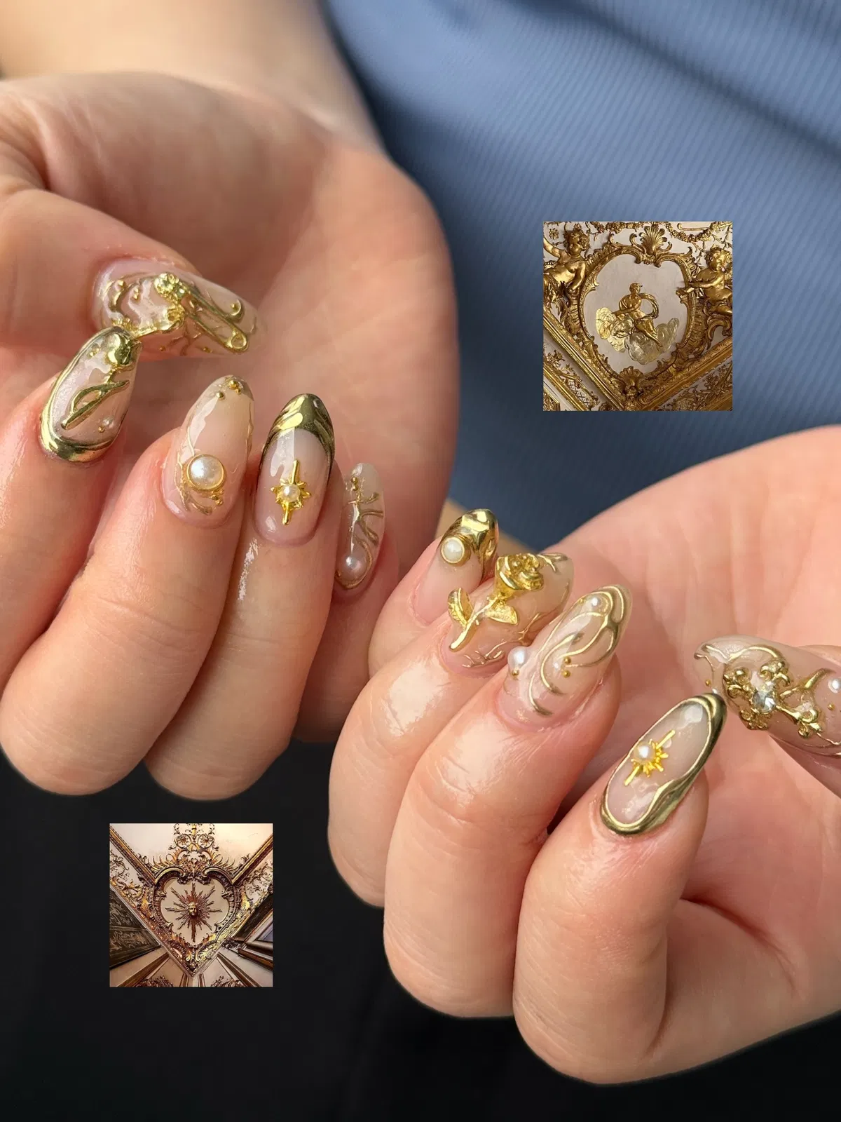 Ornate gold-edged nails with pearls and small gold charms