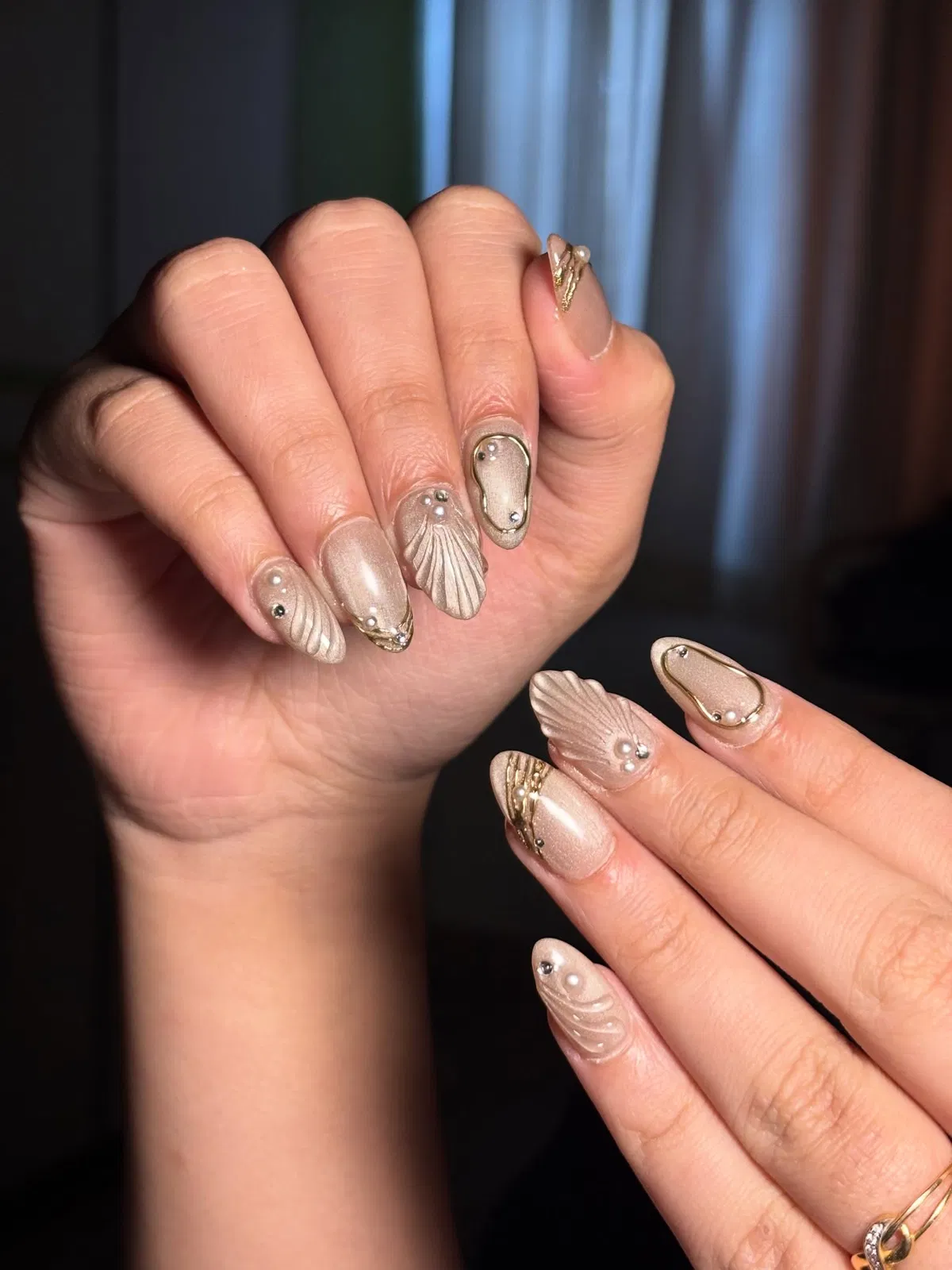 Champagne Shimmer with 3D Shell Textures, Pearls, and Gold Edging