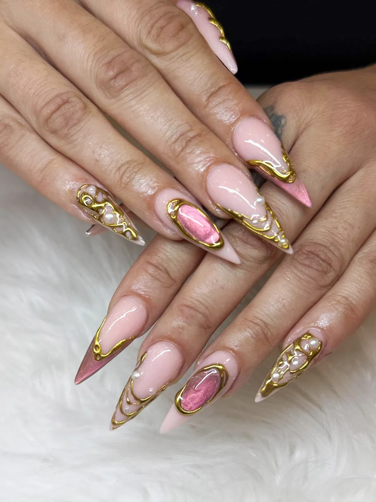 Pale Pink Stilettos with Raised Gold Sculpting and Pink Metallic Insets
