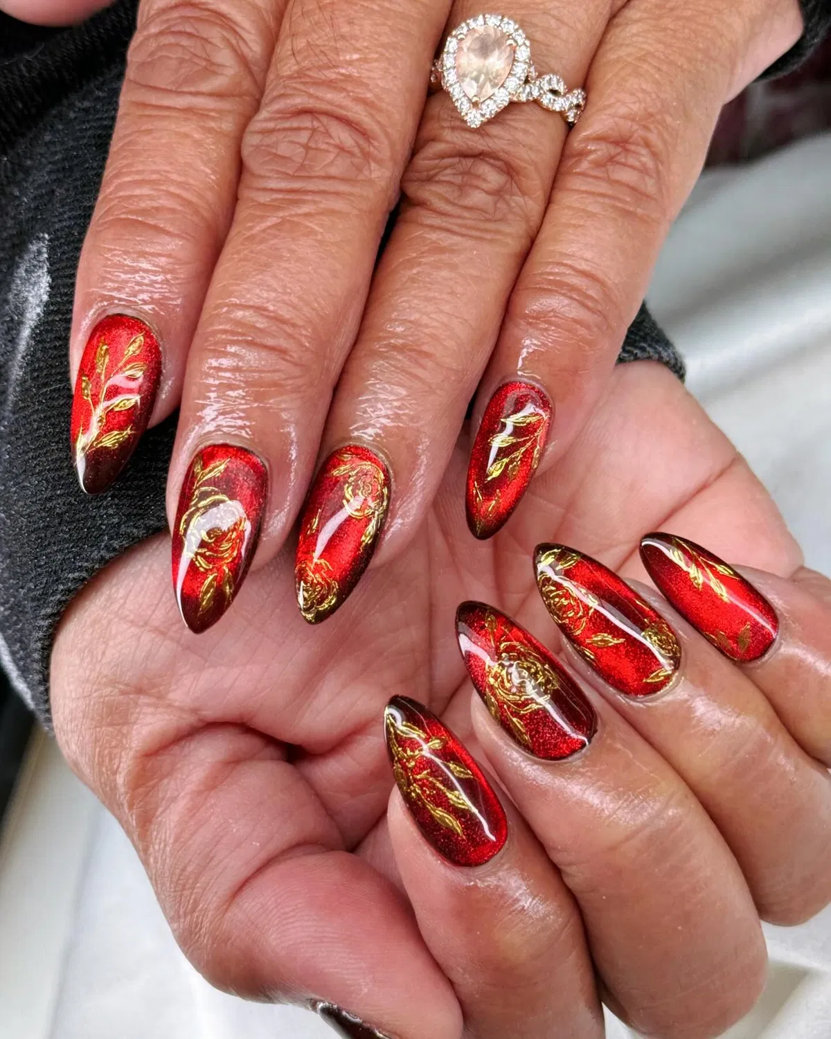 Red Metallic Almonds with Gold Floral Linework