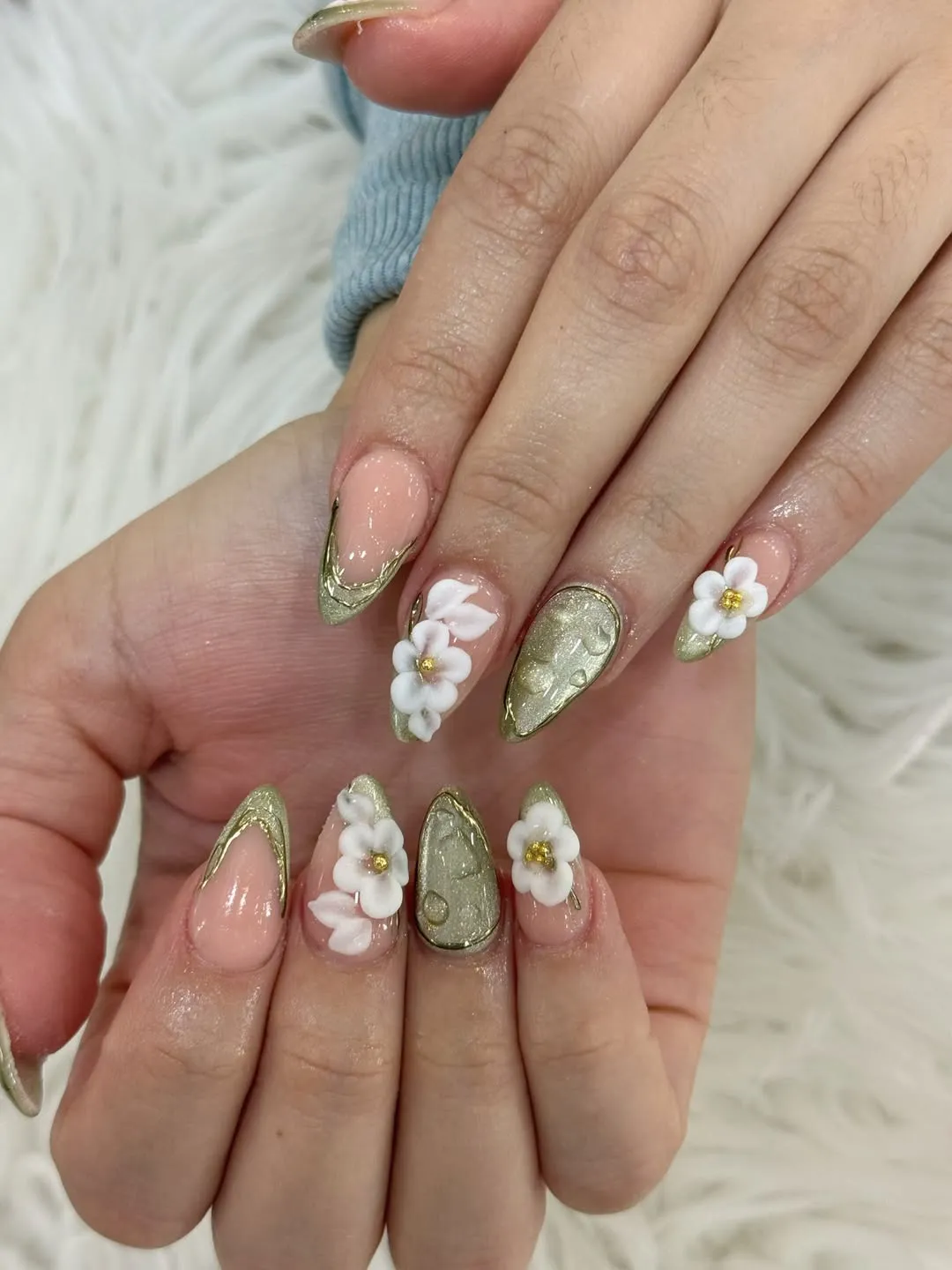 Nude Almond Nails with Gold Tips and 3D White Flowers