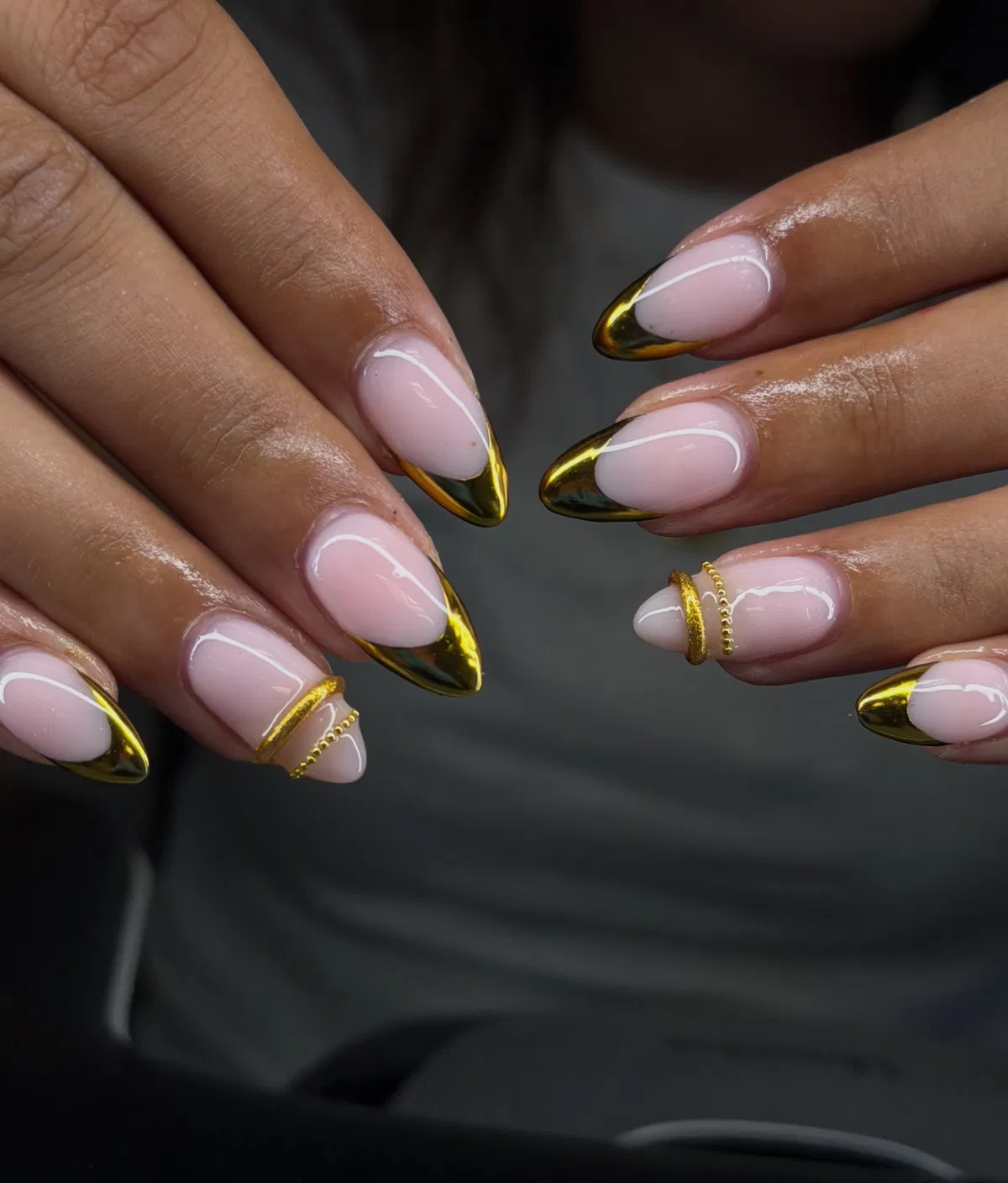 Pale Pink Almond Nails with Gold French Tips and Beaded Bands
