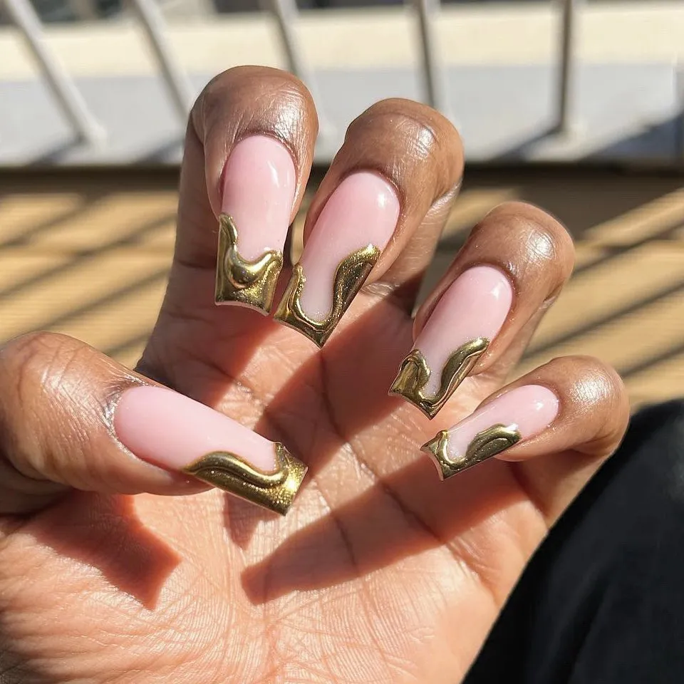 Pale Pink Squares with Sculptural Wavy Gold Tips