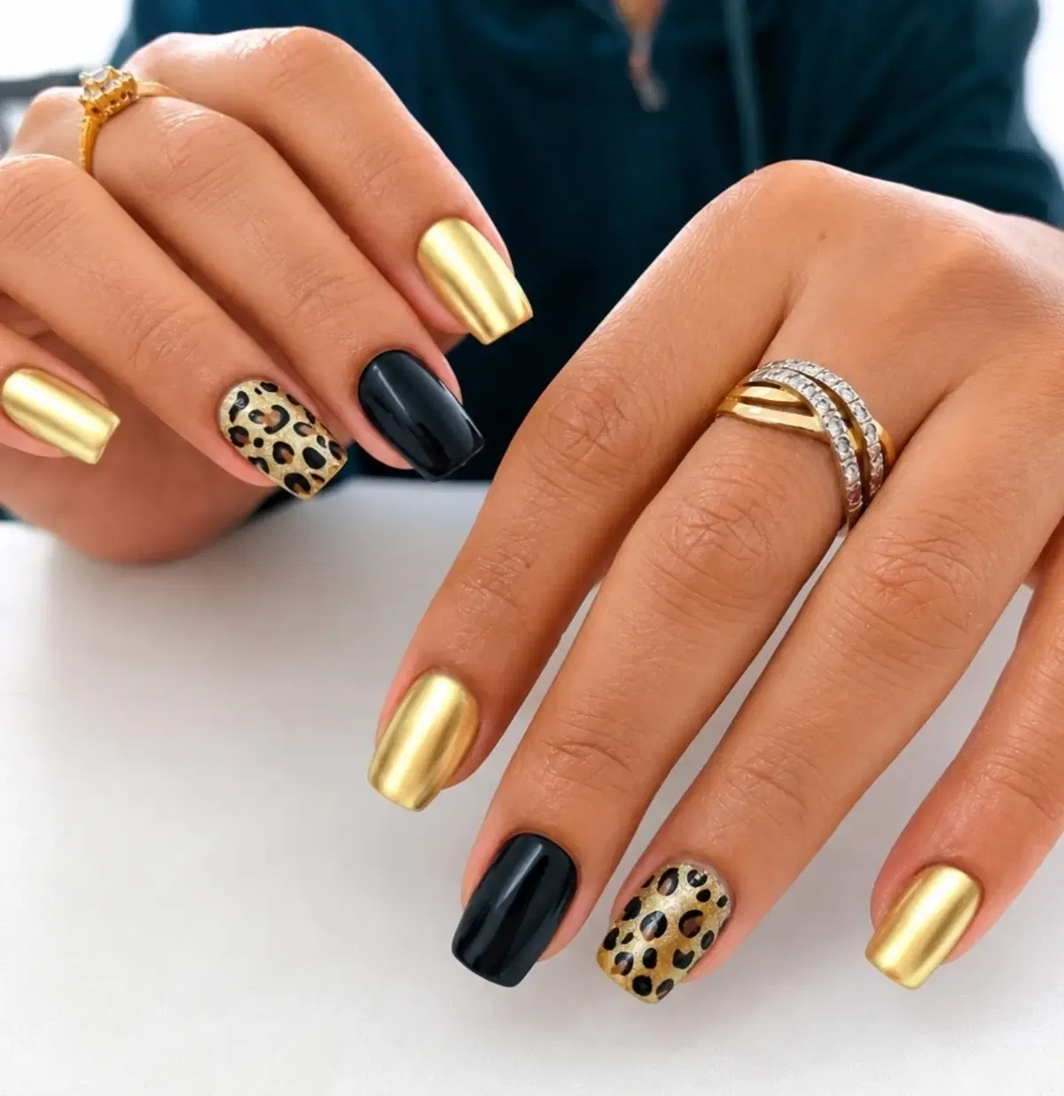Gold and Black Squares with Leopard Accent Nails