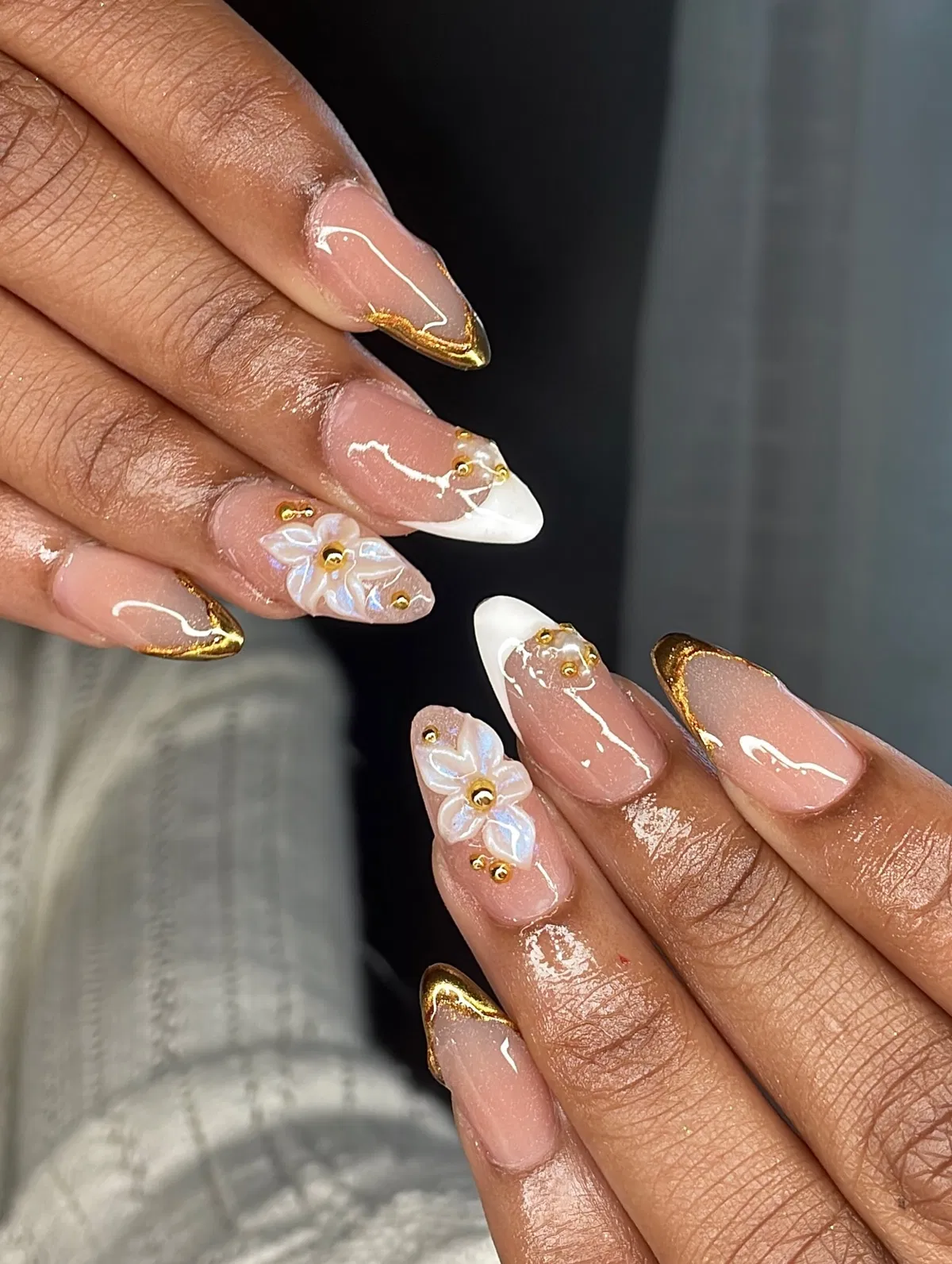 Gold-edged tips with white 3D flowers and bead accents