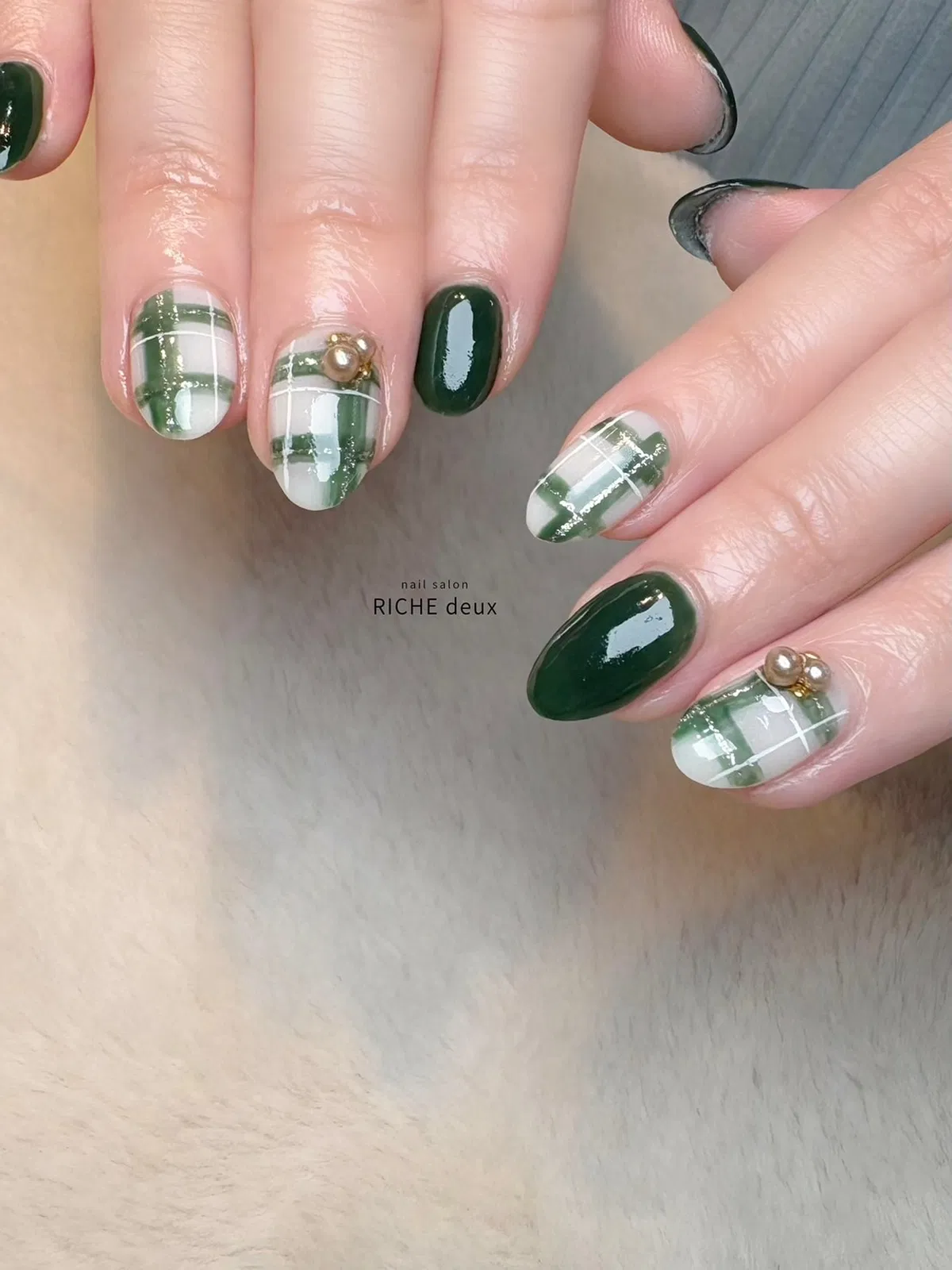Deep green almonds with white-and-green plaid and gold beads