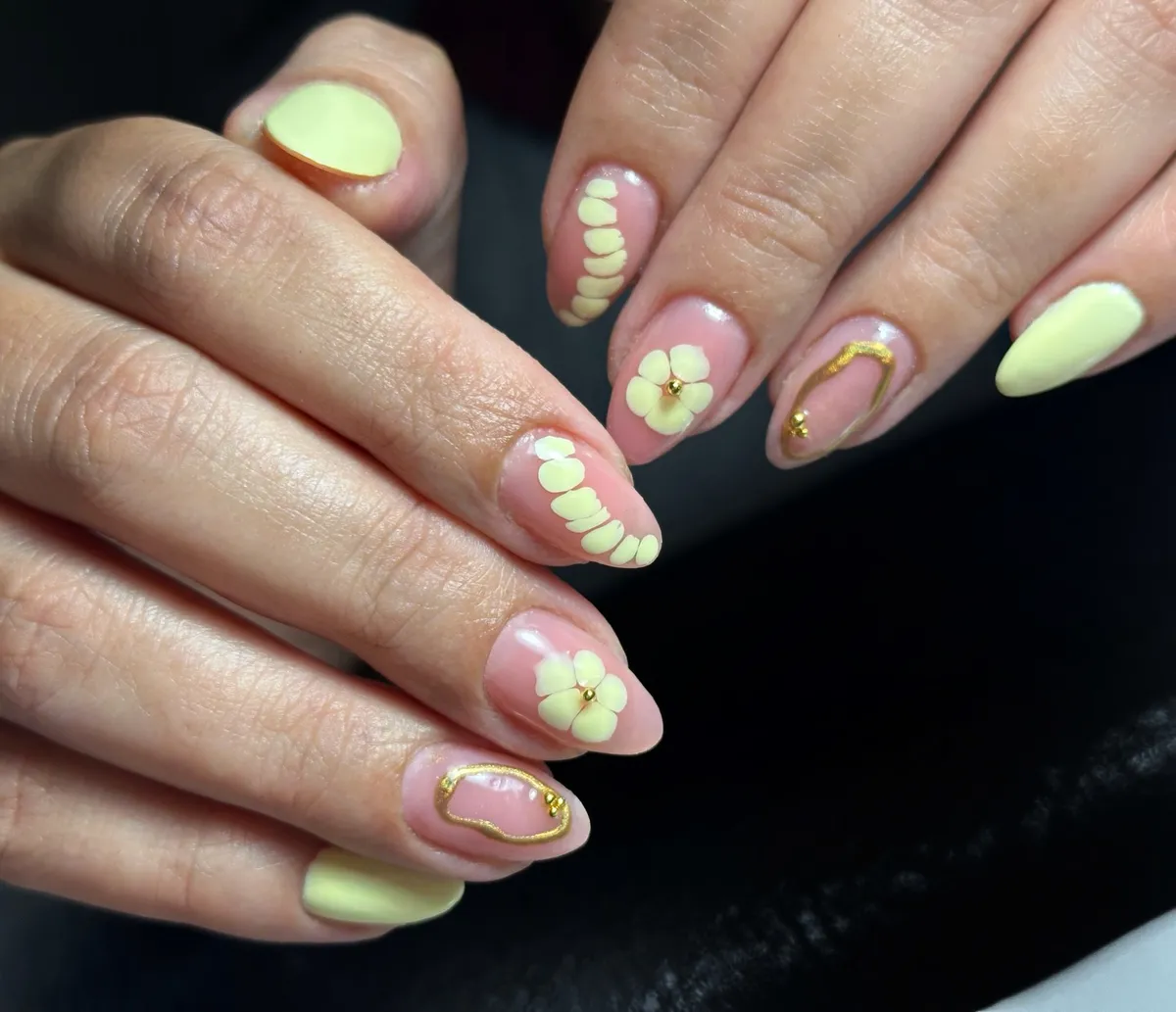 Nude-Pink and Light Yellow Mix with Petal Flowers and Gold Beads