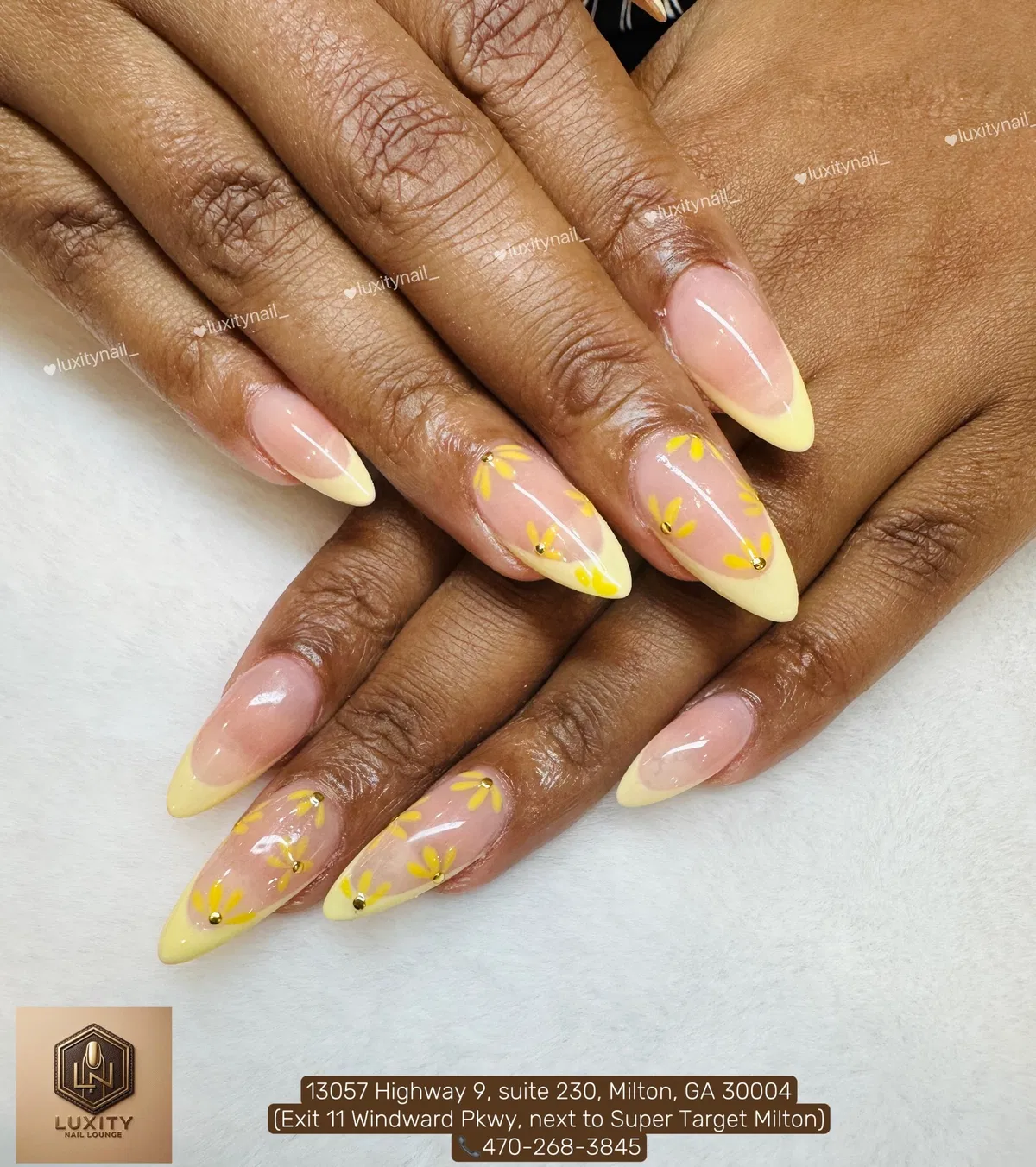 Light Yellow French Tips with Yellow Petal Motifs and Gold Beads (Text Overlay)