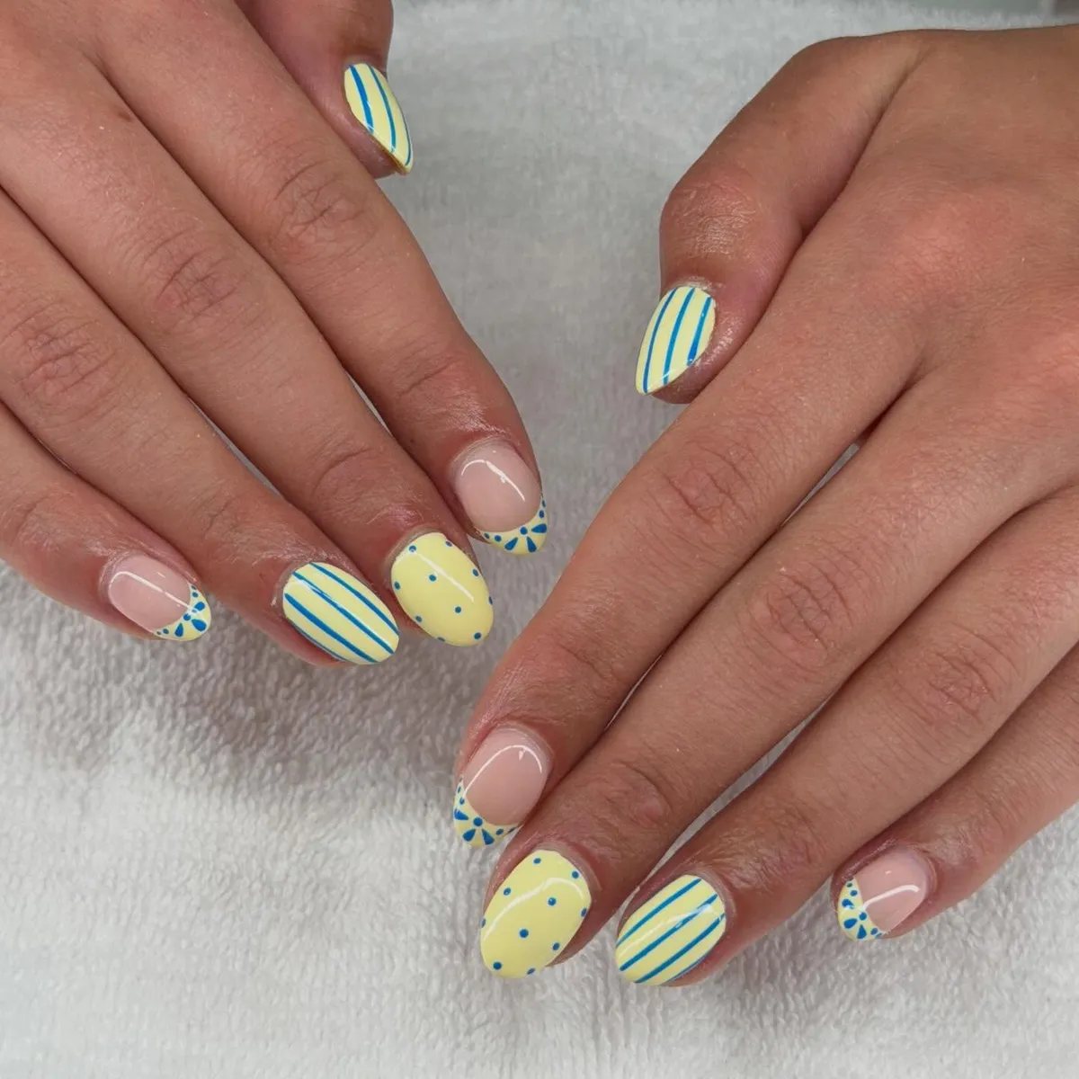 Short Glossy Mix: Nude Bases with Light Yellow, Blue Stripes, and Dots