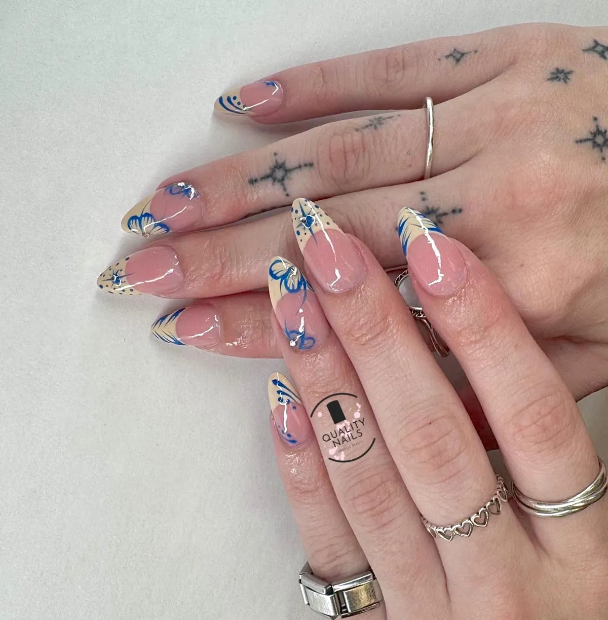 Nude and Light Yellow Tips with Blue Abstract Floral Linework