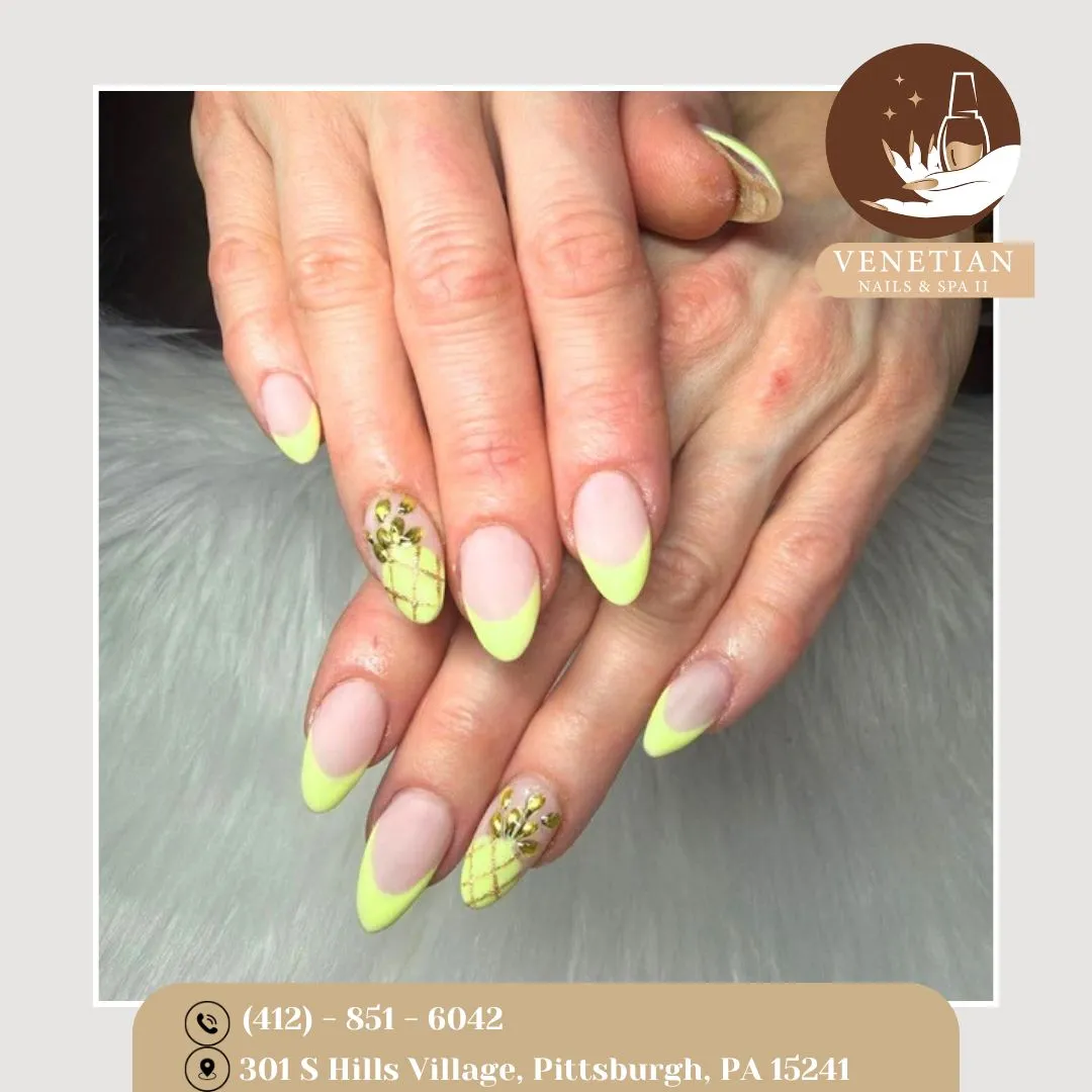 Neon Yellow-Green French Tips with Gold Lattice Accents (Text Overlay)