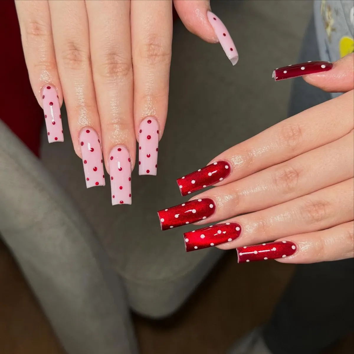 Pink-and-red polka dot long coffin nails