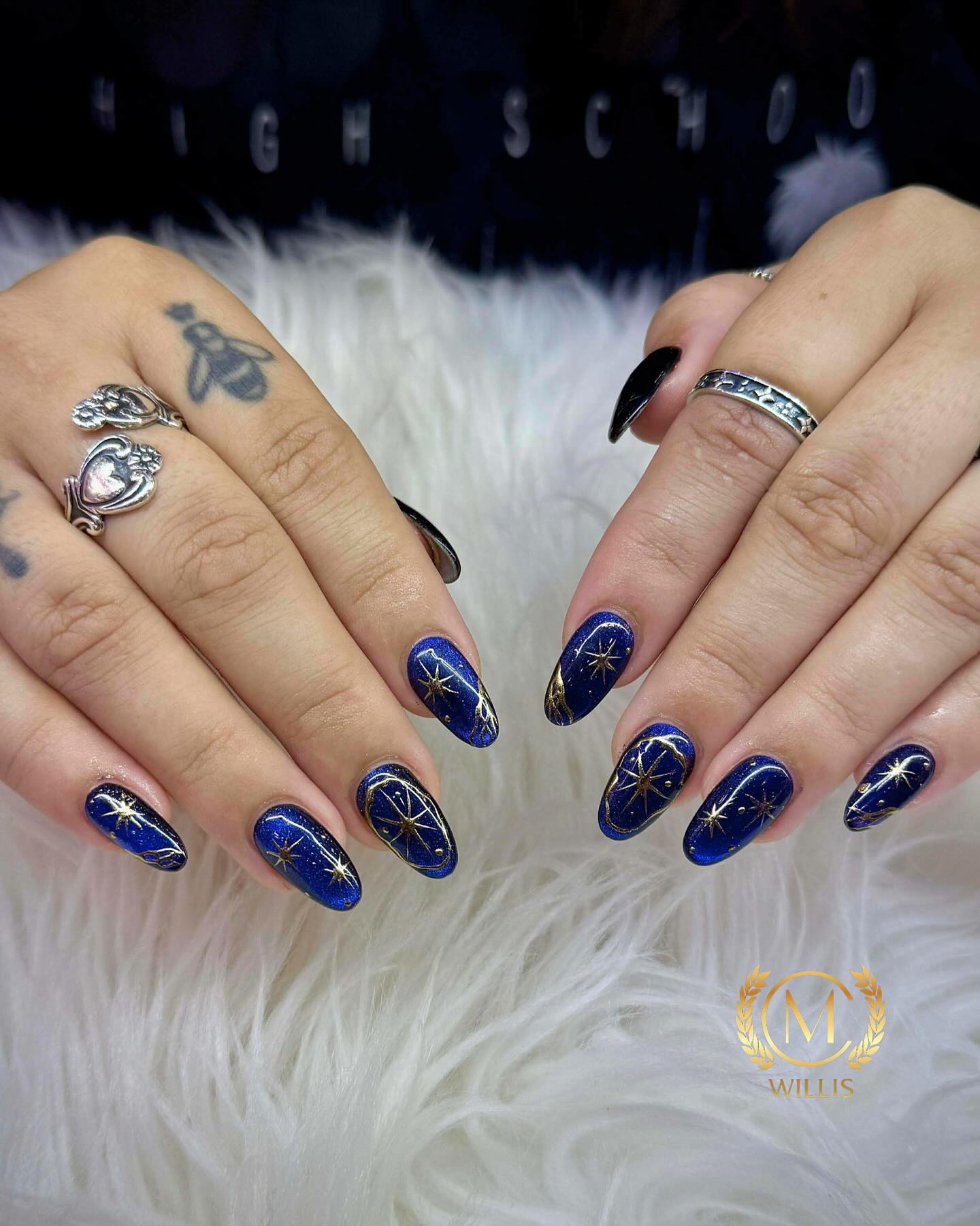 Sparkly deep blue with gold star linework