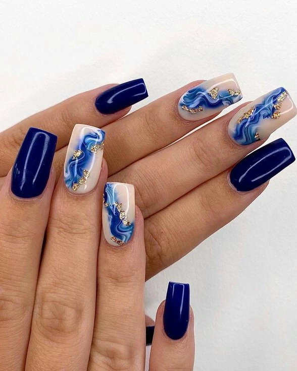 Navy solids with blue-white swirls and gold flecks