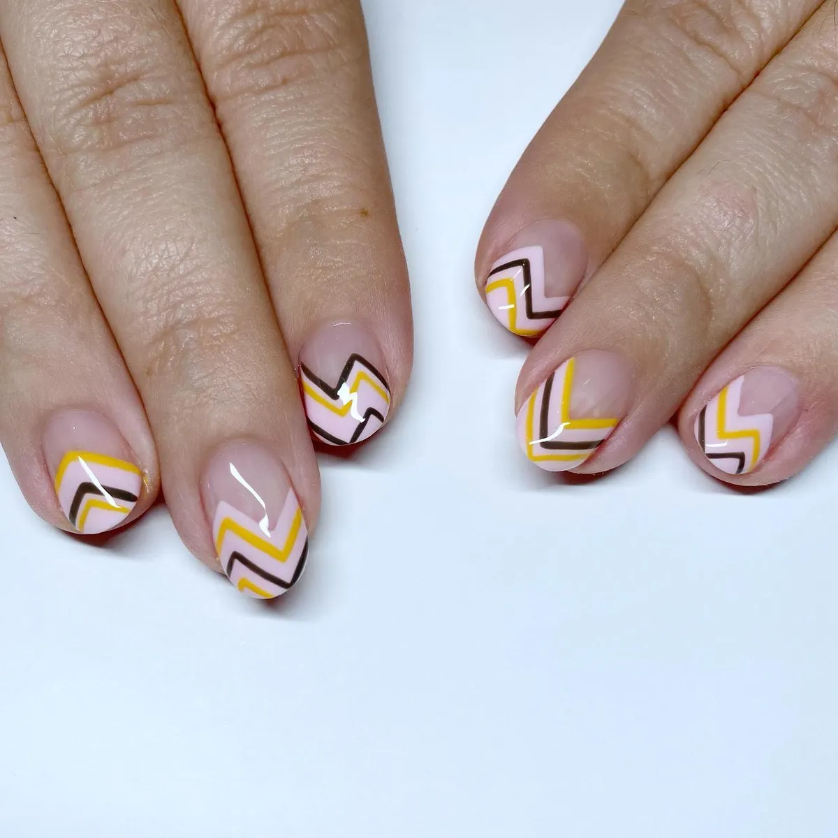 Yellow and Brown Chevron Line Nail Art