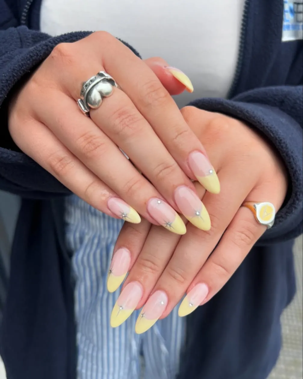 Pale Yellow Tips with Minimal Rhinestone Accents