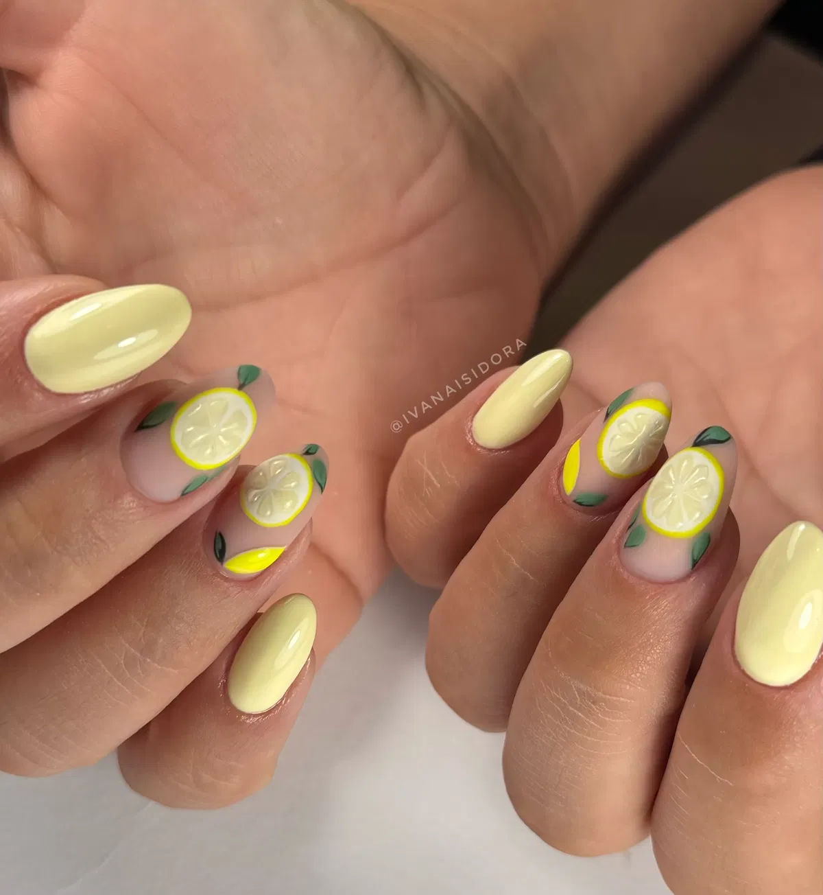 Pale Yellow Nails with Lemon Slice Accents