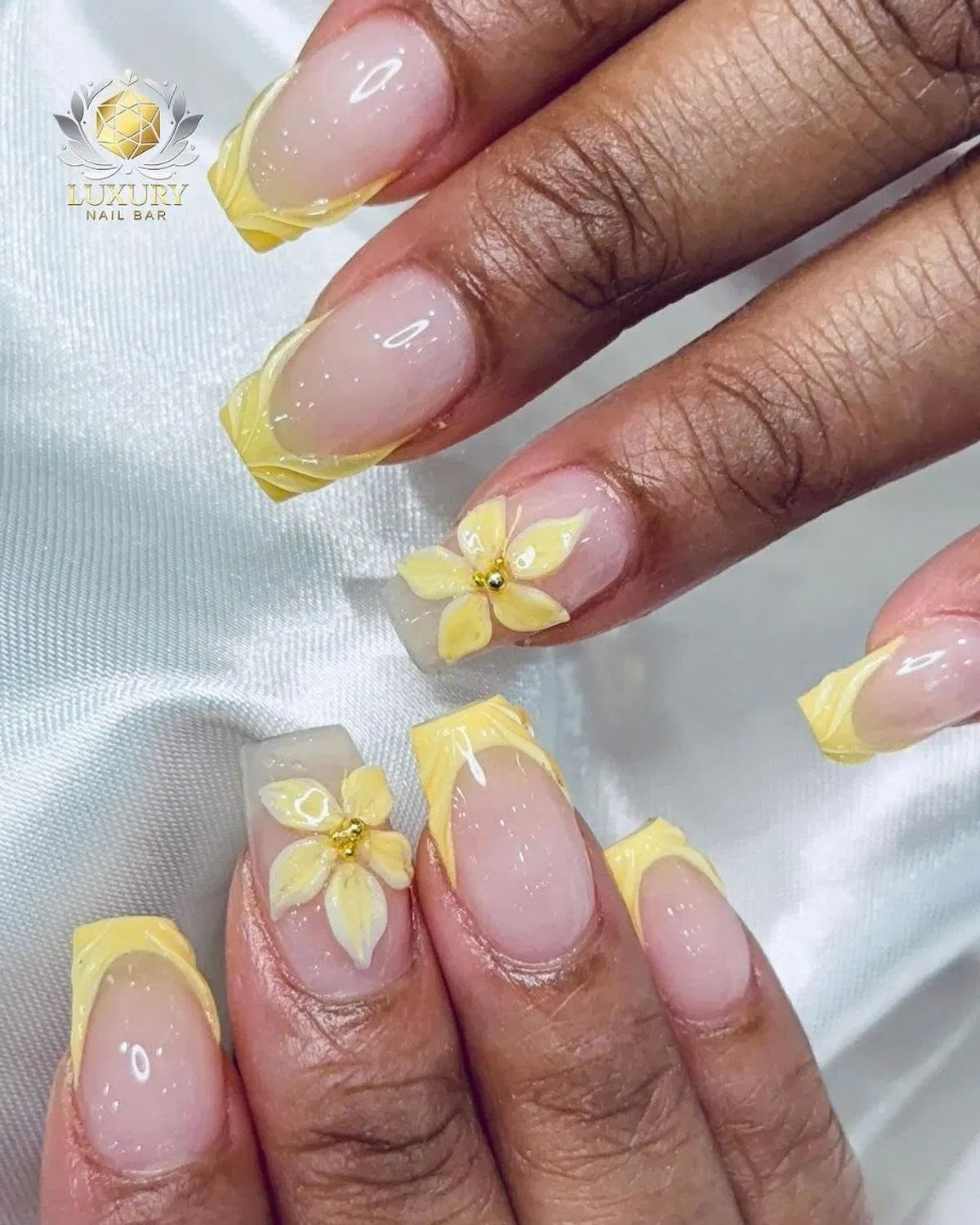 Pale Yellow French Tips with 3D Flower Accents