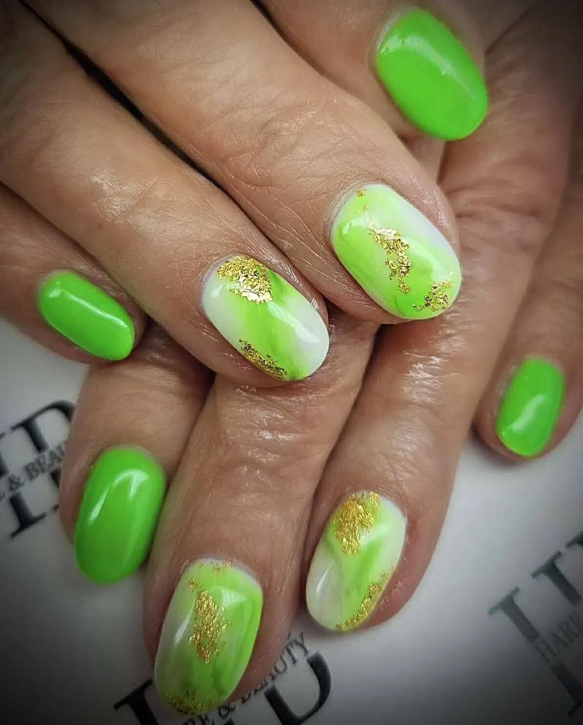 Neon green with white marbling and gold foil accents